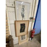 J.Dhar portrait of a female nude together with two further abstract portrait prints and one other (