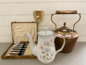 Mixed Lot: Copper kettle, cased fish cutlery, Denby teapot and a small brass fire shovel