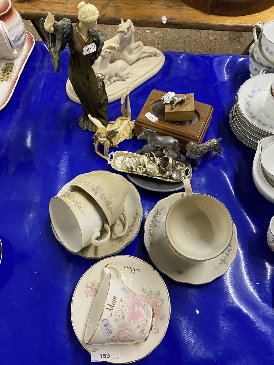 Mixed Lot: Various tea wares, unicorn model, Art Deco style resin figure, miniature silver plated