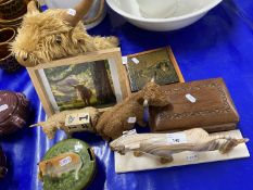 Mixed Lot: A polished stone lion together with various cow ornaments, hardwood jewellery box,