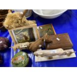 Mixed Lot: A polished stone lion together with various cow ornaments, hardwood jewellery box,