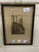 Small study of a Church, indistinctly signed in pencil, etching, framed and glazed