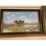 Norman Pellew - The handsome trio - ploughing scene - acrylic - framed 71cm wide