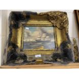 Reproduction oil of a tall ship set in a heavy gilt frame