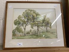 F S Sanderson, study of a rural scene with distant Church, watercolour, framed and glazed