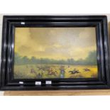 20th Century school study of a fox hunting scene, oil on board, set in an ebonised frame