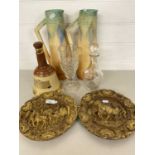 Mixed Lot: A pair of Art Deco style jugs, a pair of modern wall plaques, a Wade Whisky bell and