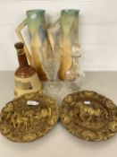 Mixed Lot: A pair of Art Deco style jugs, a pair of modern wall plaques, a Wade Whisky bell and