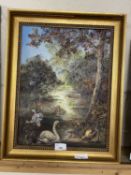 20th Century school river scene with swans, oil on canvas, gilt frame