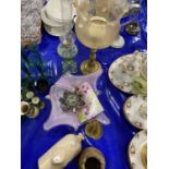 Mixed Lot: Large Art Glass bowl, glass candle holders, stone ware hot water bottle and other