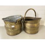 Two brass coal buckets and a galvanised bucket (3)