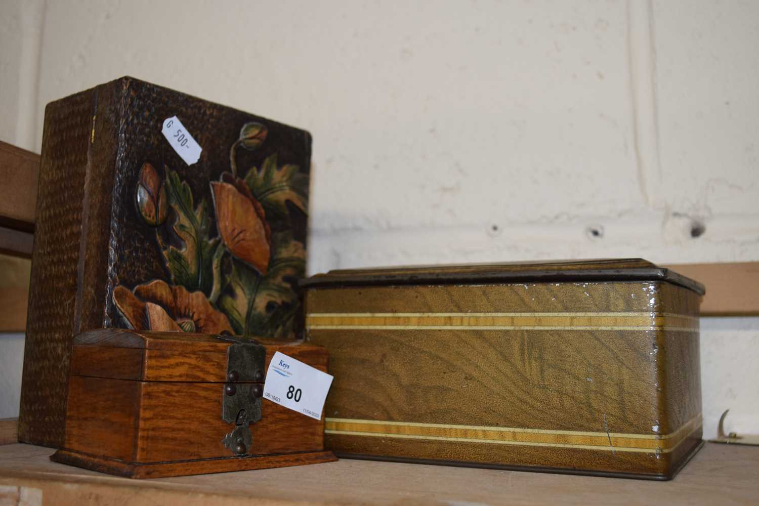 Poppy decorated wooden jewellery box together with a further small oak jewellery box and a vintage