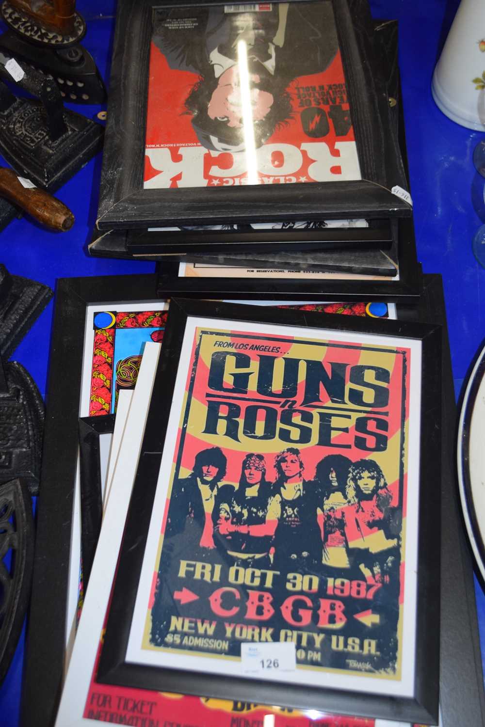 Selection of reproduction music advertising posters to include Bob Dylan, Queen, Guns n Roses and