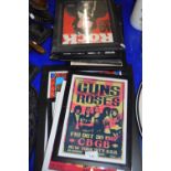 Selection of reproduction music advertising posters to include Bob Dylan, Queen, Guns n Roses and