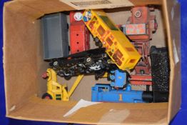 Box of various assorted toy vehicles to include a Bat Mobile