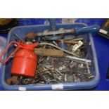 Plastic bowl containing various sockets, bolts, spanners etc