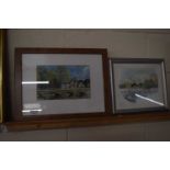 Pair of continental studies, village and river scenes, watercolours, framed together with a