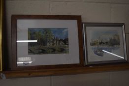 Pair of continental studies, village and river scenes, watercolours, framed together with a