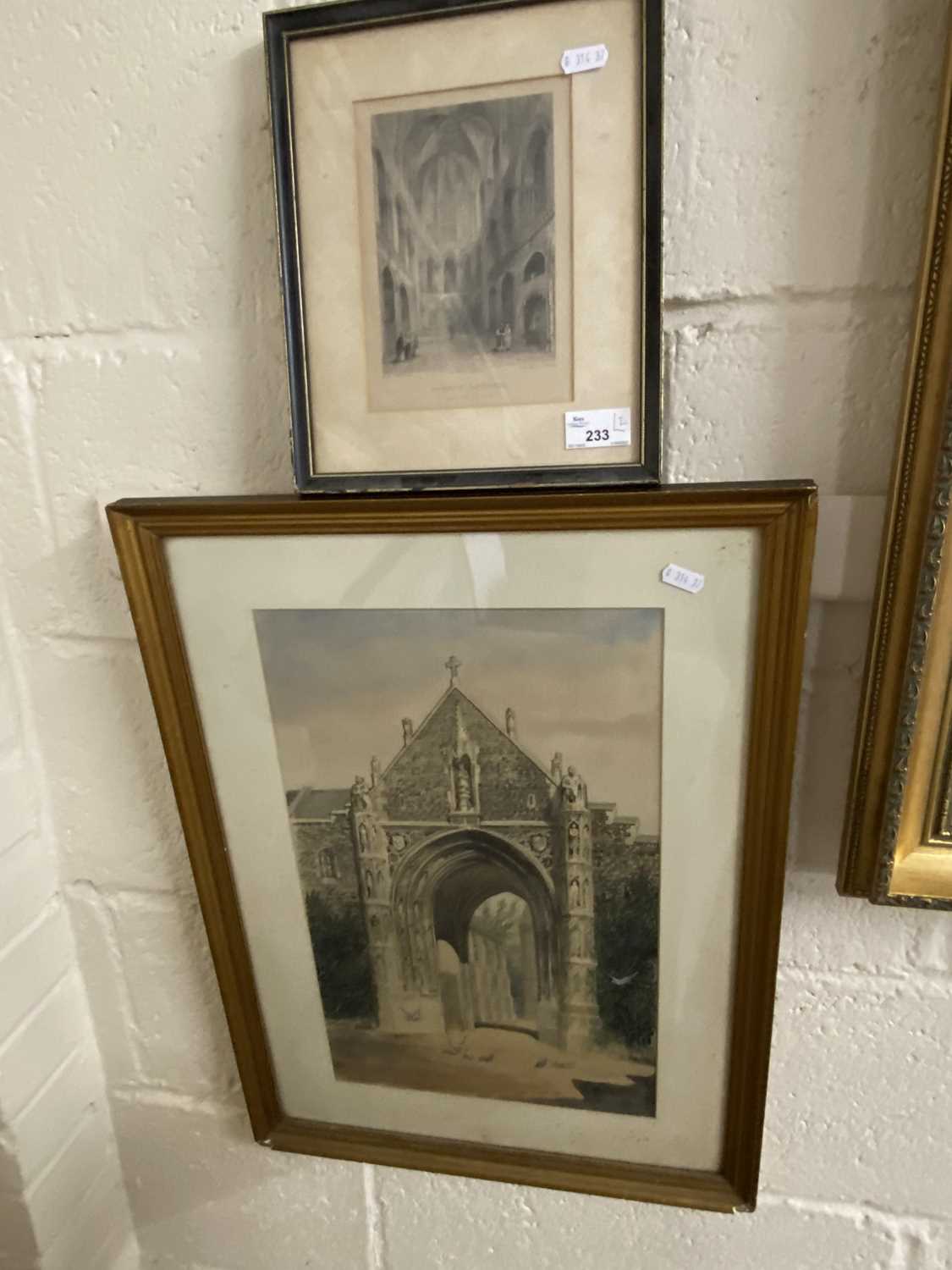 19th Century engraving, interior of Norwich Cathedral, together with watercolour study, cathedral