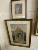 19th Century engraving, interior of Norwich Cathedral, together with watercolour study, cathedral