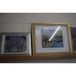 Gardner, needlework picture Market Bosworth Canal together with another of two elephants, framed and