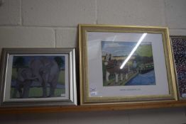 Gardner, needlework picture Market Bosworth Canal together with another of two elephants, framed and