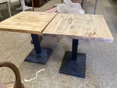 Pair of modern pine topped pub or cafe tables with metal bases, 70cm wide