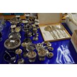 Mixed Lot: Various silver plated wares to include candelabras, rose bowls, cockerel ornaments,