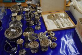 Mixed Lot: Various silver plated wares to include candelabras, rose bowls, cockerel ornaments,