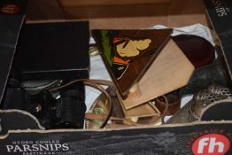 Box of various mixed items to include small letter rack, cruet, heart shaped mirror etc