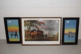 Pair of 20th Century studies desert scenes with camels together with a coloured print after George