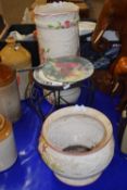 Mixed Lot: Jardiniere, stick stand, Oriental fan and a plant stand