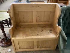 Small pine settle with storage base, 90cm wide