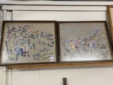 A pair of needlework pictures, children playing on the beach and in the school yard