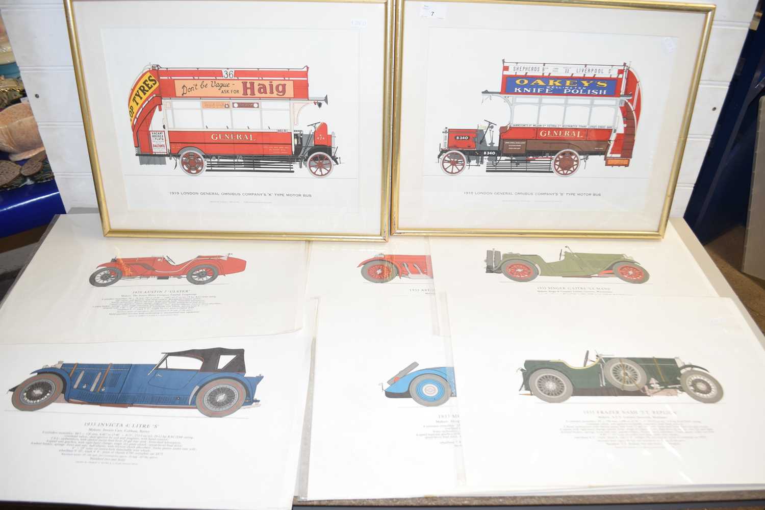 Two framed prints of vintage buses together with a range of unframed prints of classic cars - Image 2 of 2