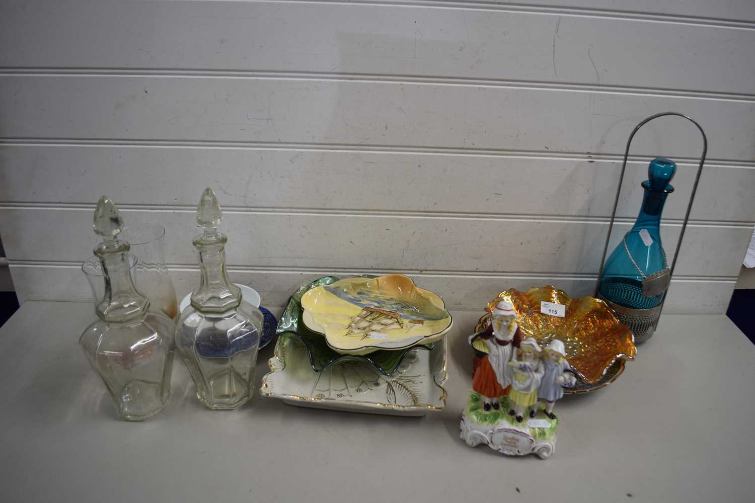 Mixed Lot: Carnival glass dishes, Royal Doulton Famous Ships bowl, assorted decanters, Yardley