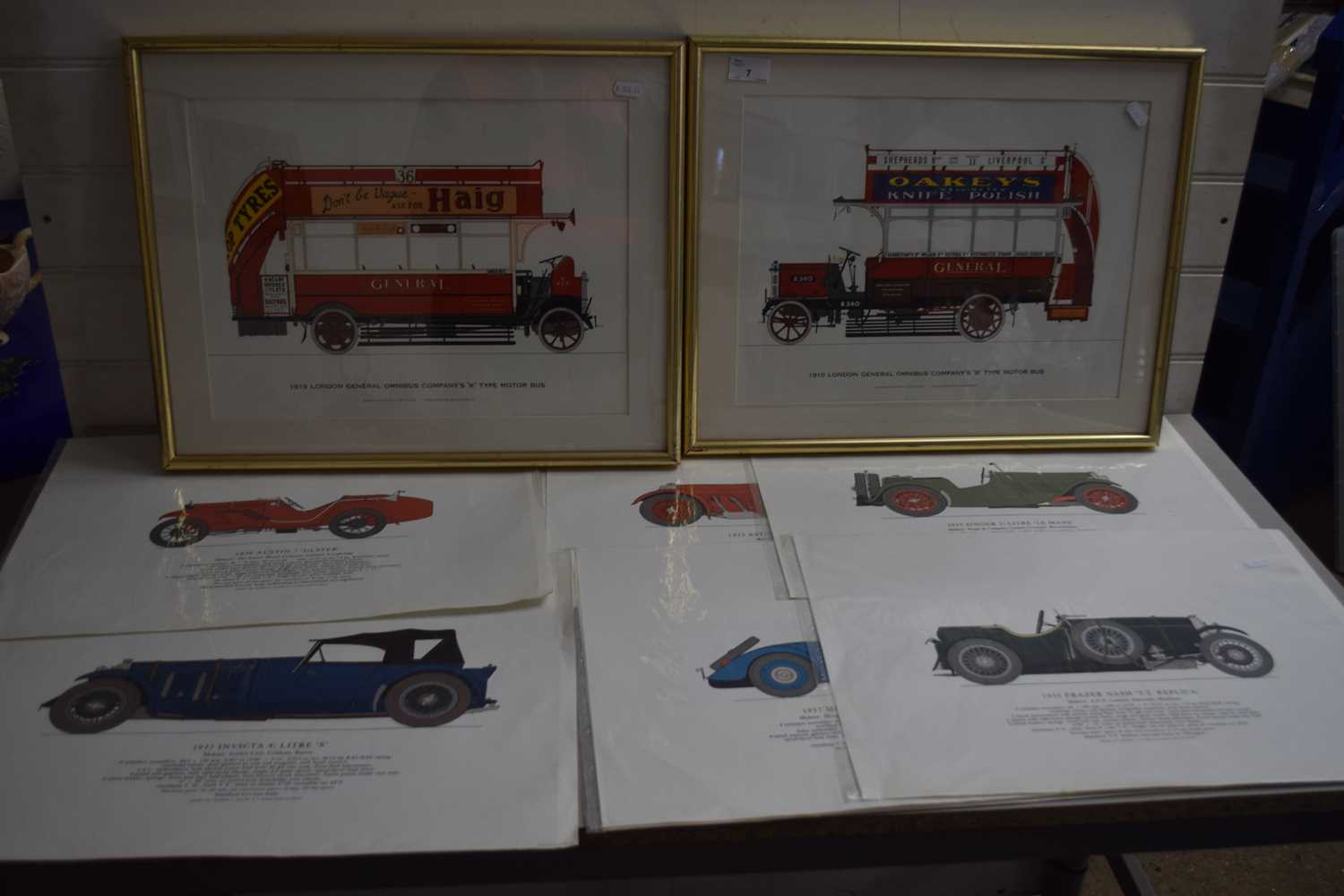 Two framed prints of vintage buses together with a range of unframed prints of classic cars