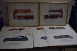 Two framed prints of vintage buses together with a range of unframed prints of classic cars