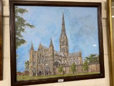 Contemporary school study of cathedral, oil on board, framed