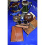 Mixed Lot: Cased gents vanity set, wooden centre pin fishing reel, tie press, an Art Glass shark,