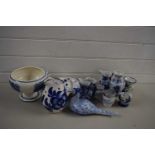 Mixed Lot: Various blue and white ceramics to include vases, jug, jardiniere, model pheasant etc