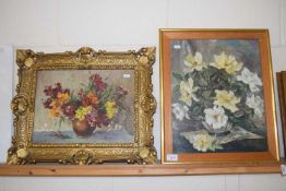 A Howett, study of wall flowers, oil on board, framed together with another floral study (2)