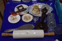 Mixed Lot: A silver backed dressing table mirror, various dressing table jars, assorted ceramics,