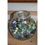 Jar of assorted glass marbles