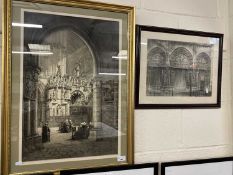 Mezzotint engraving cathedral interior, gilt framed together with a further smaller example (2)