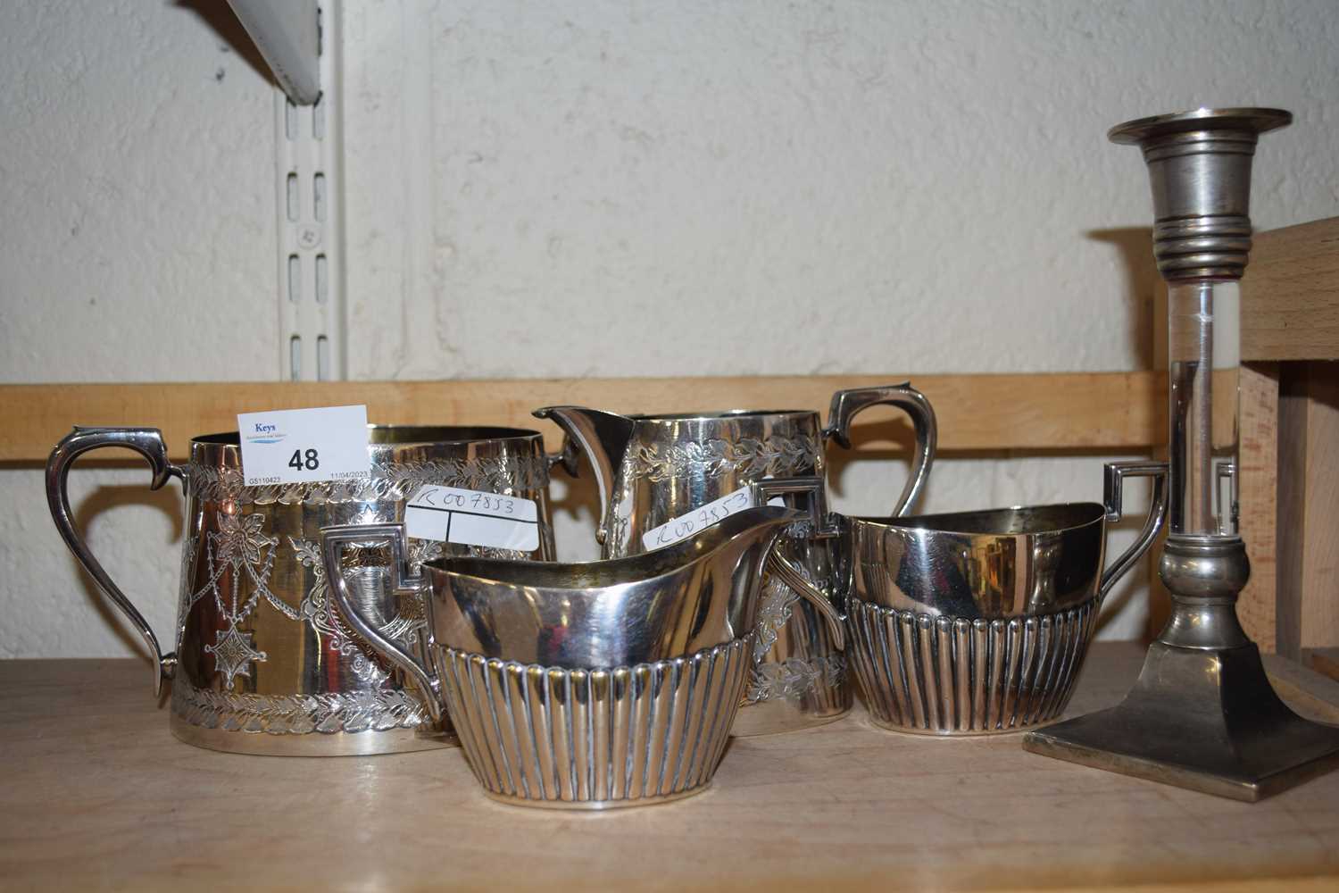Mixed Lot: Various silver plated tea wares, candlestick etc