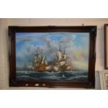 J Harvey, study of warships, oil on canvas, gilt framed