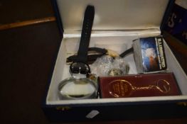 Jaerger Le Coultre box containing mixed wrist watches, magnifying glass etc