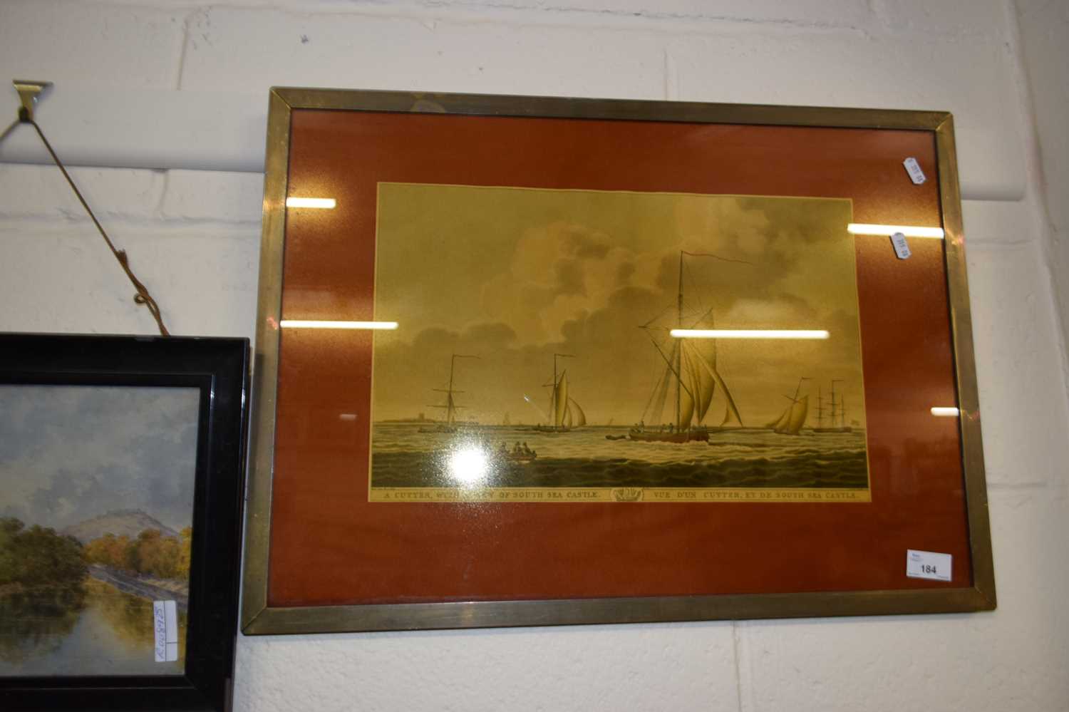 Coloured print maritime interest A Cutter with a view of South Sea Castle, framed and glazed