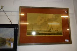Coloured print maritime interest A Cutter with a view of South Sea Castle, framed and glazed